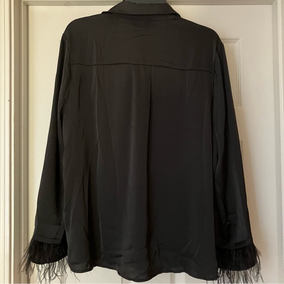 VICI Hollywood Nights Satin Feather Trim Button Up Blouse Black Large L NEW NWOT - Picture 8 of 11
